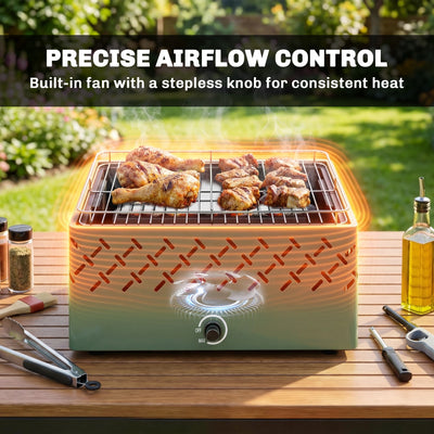 Outsunny Portable Charcoal BBQ Grill, Battery Powered Barbecue Grill with Built-in Fan for Camping Picnic, Light Green 