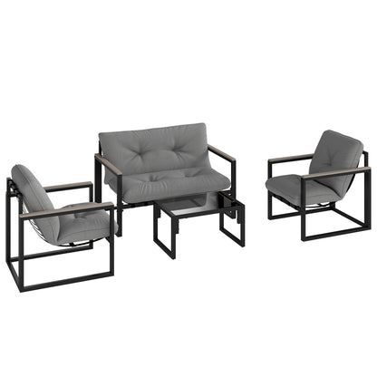 Outsunny Garden Furniture Set, 4 Piece Indoor Outdoor Conservatory with Loveseat Sofa, Armchairs, Glass Top Coffee Table, Cushions for Balcony, Poolside, Patio, Dark Grey 
