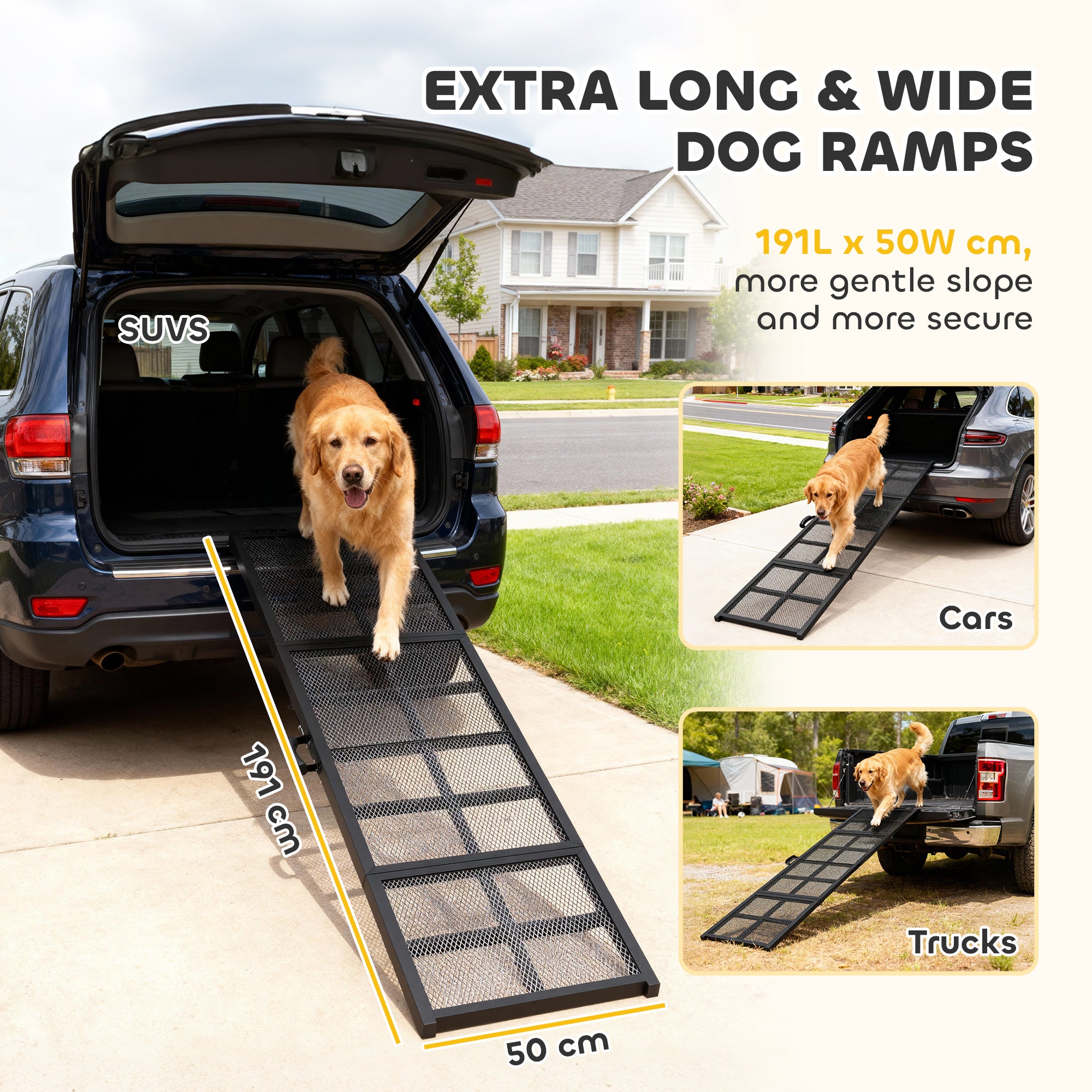 PawHut 191 x 50cm Dog Ramp for Car, Extra Long Pet Stairs with Non-Slip Surface, for Large Dogs, Black 