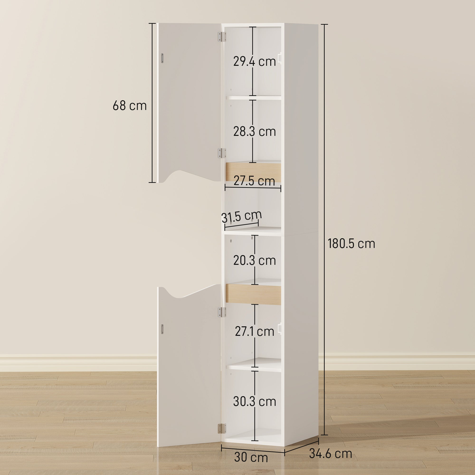HOMCOM Tall Slim Bathroom Cabinet with 2 Doors, 2 Shelves - White 
