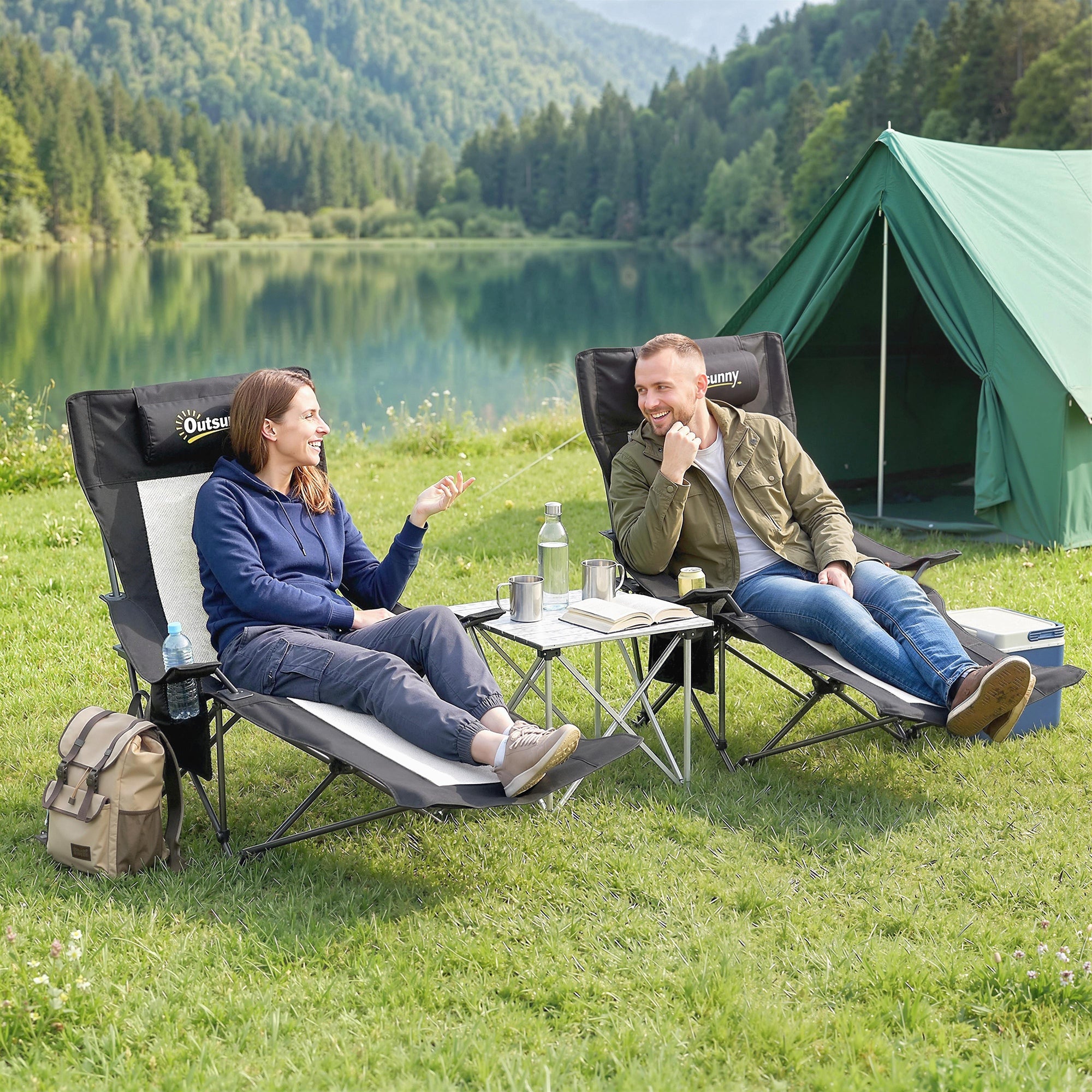 Outsunny Camping Chair Reclining Portable Camp Chair with Detachable Footrest Cup Holder Black 