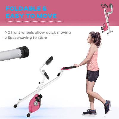 HOMCOM Exercise Bike Fitness Bicycle Indoor trainer Foldable 8-level Magnetic Resistance Adjustable w/LCD Monitor Pulse Sensor, Pink 
