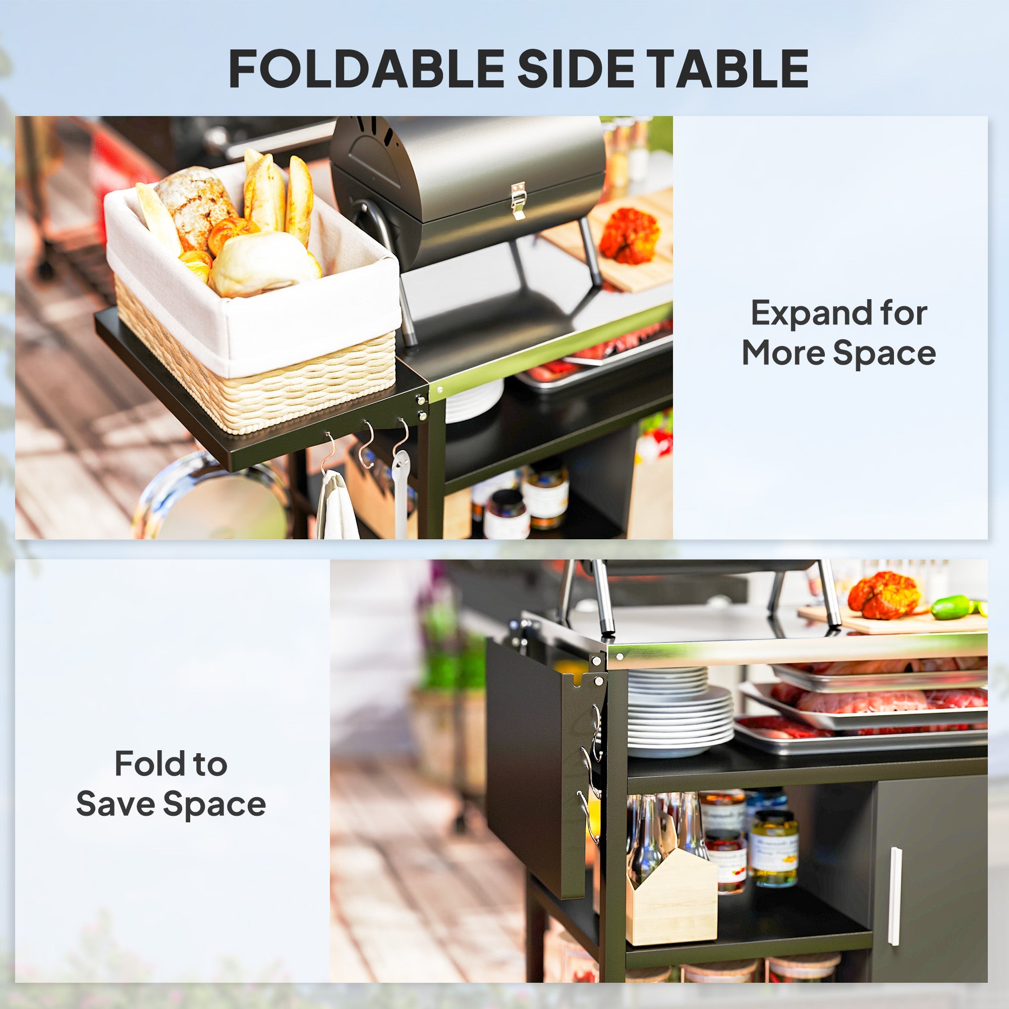 Outsunny Outdoor BBQ Trolley with Foldable Side Table, Stainless Steel Top, Outdoor Kitchen with Wheels Hooks Shelves Cabinet, Pizza Oven Table Movable Outdoor Grill Dining Cart with Cover, Black 