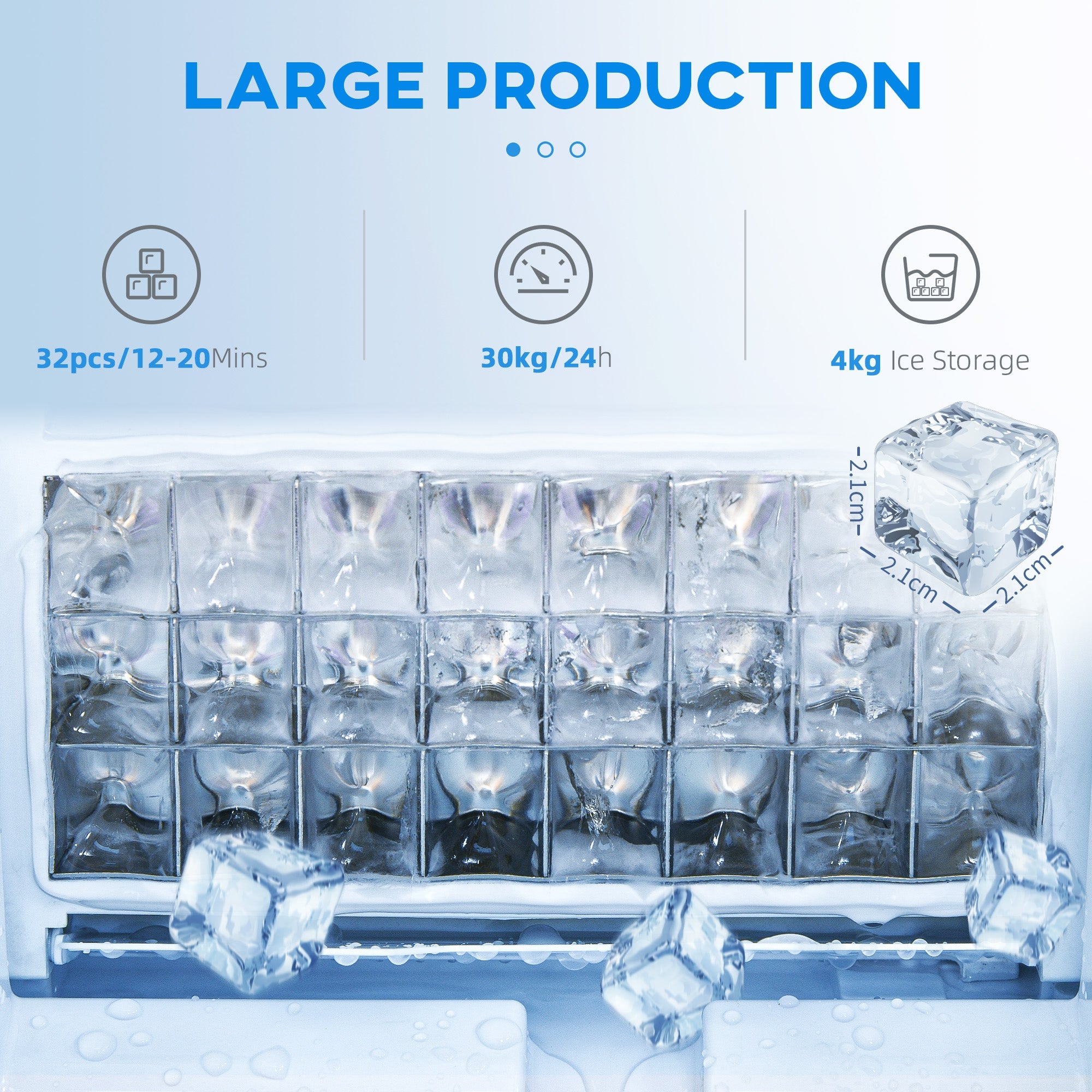 HOMCOM Commercial Ice Maker Machine, Freestanding Industrial Ice Cube Maker with Digital Control, Ice Scoop, Self-cleaning, 4kg Ice Storage, 30kg/24 Hours for Home, Office, Bar, Restaurant 