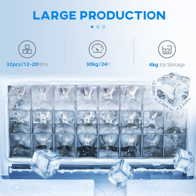 HOMCOM Commercial Ice Maker Machine, Freestanding Industrial Ice Cube Maker with Digital Control, Ice Scoop, Self-cleaning, 4kg Ice Storage, 30kg/24 Hours for Home, Office, Bar, Restaurant 