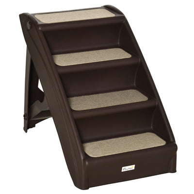 PawHut Foldable Four-Step Pet Stairs, for Cats, Small Miniature Dogs, with Non-Slip Mats 62 x 38 x 49.5cm - Brown 