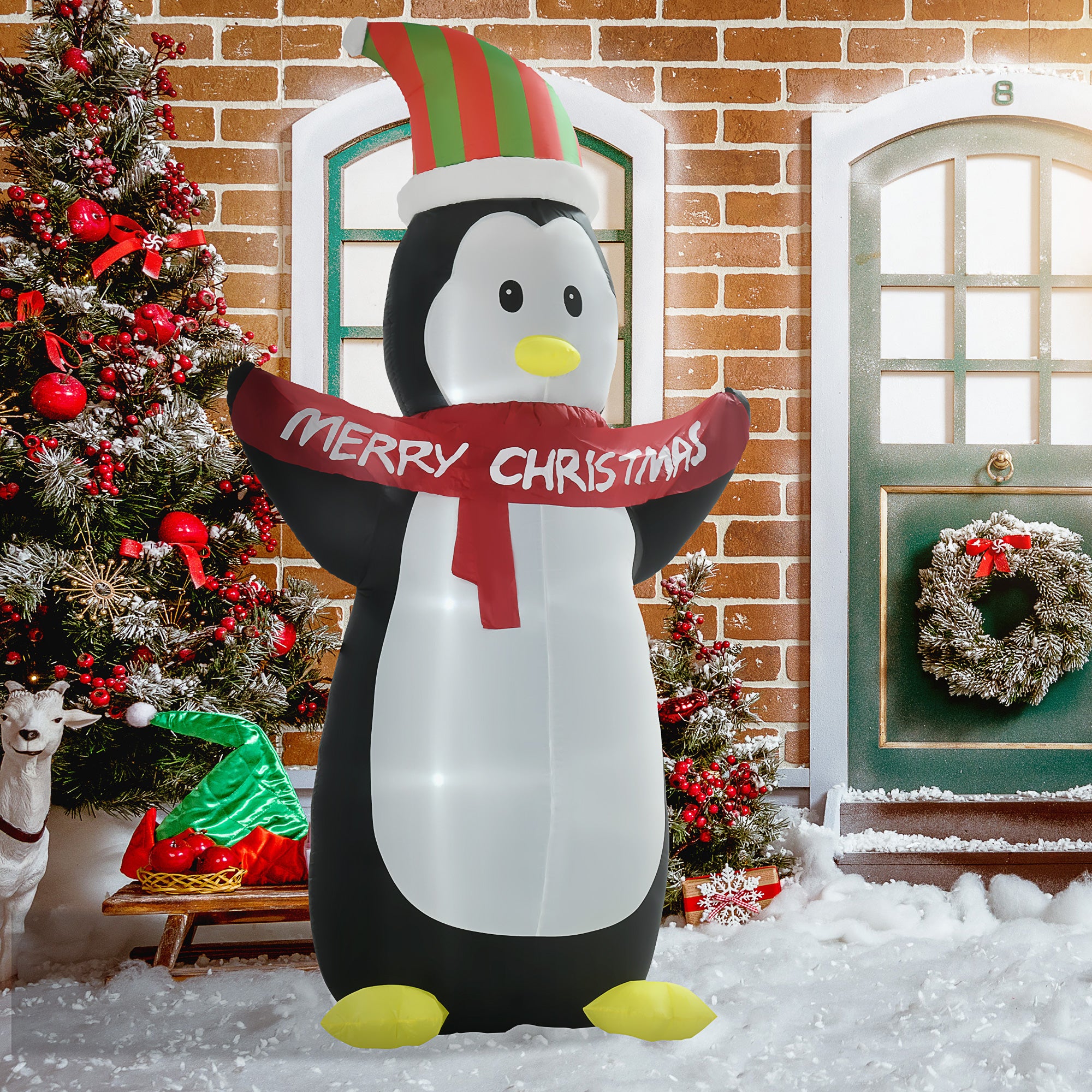 HOMCOM 8ft Inflatable Penguin & Christmas Banner Decoration w/ Inner LED Lights Indoor Outdoor Weather-Resistant Shell Fun Cute 