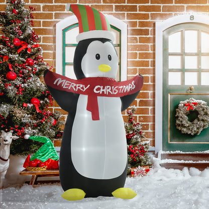 HOMCOM 8ft Inflatable Penguin & Christmas Banner Decoration w/ Inner LED Lights Indoor Outdoor Weather-Resistant Shell Fun Cute 