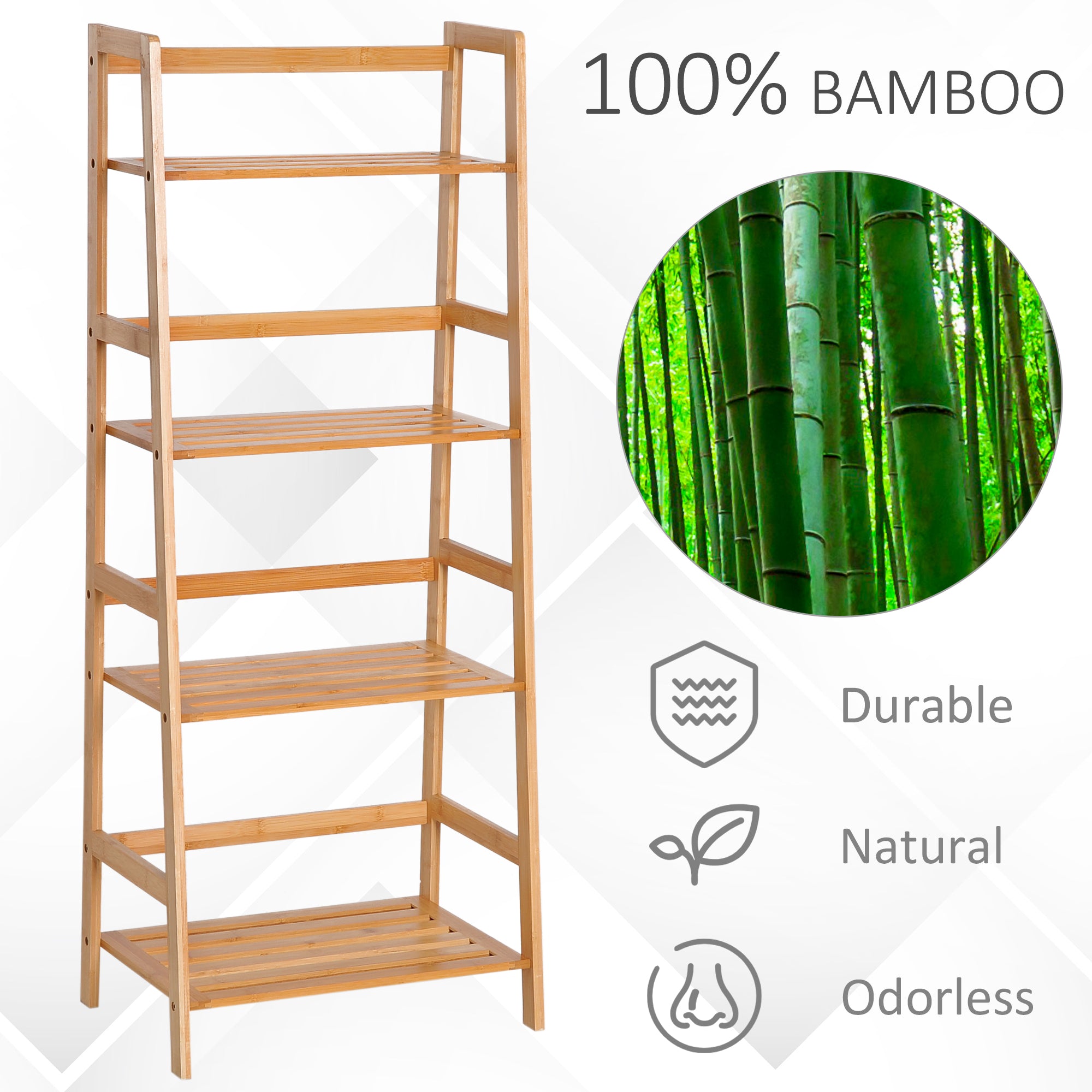 HOMCOM Bamboo Ladder Shelf, 4-Tier Bookshelf, Freestanding Bookcase for Living Room, Study, Bedroom, Home Office, 48 x 31.5 x 120cm, Natural Wood Effect 