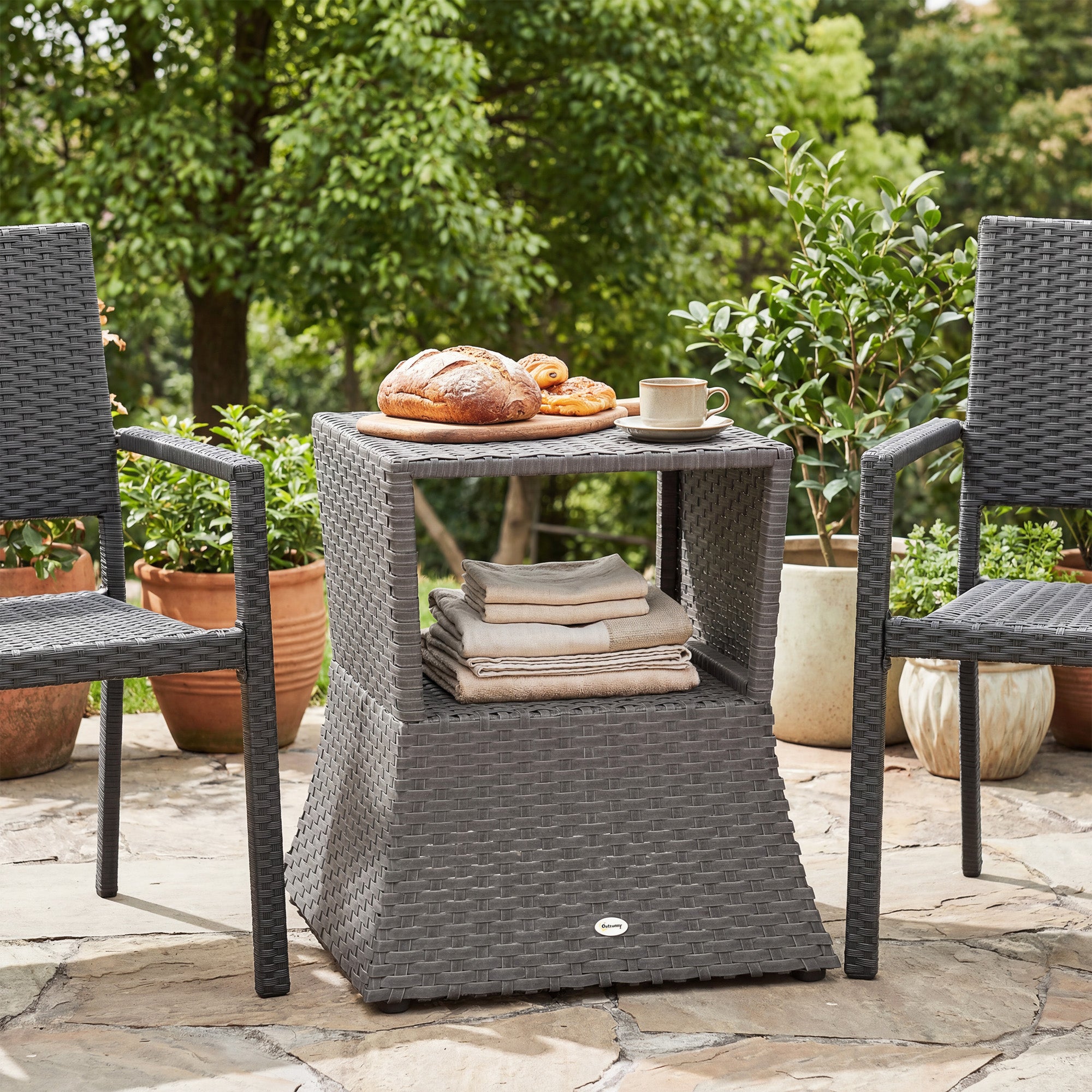 Outsunny Rattan Outdoor Coffee Table, Wicker Garden Patio Bistro Side Table with Umbrella Hole and Storage Space, Dark Grey 