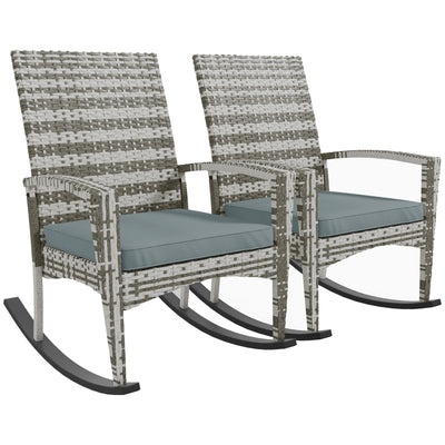 Outsunny Outdoor PE Rattan Rocking Chair Set of 2, Garden Rocking Chair Set with Armrest and Cushion, Light Grey 