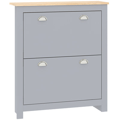 HOMCOM 2 Drawer Shoe Cabinet Modern Narrow Shoe Cupboard Hallway Wooden Storage Organiser with Flip Doors Adjustable Shelf for 6-12 Pairs, Grey 