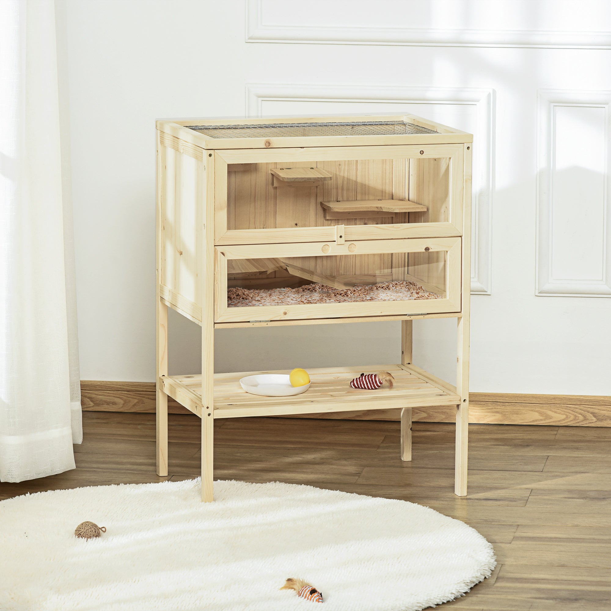 PawHut Wooden Hamster Cage with Storage Shelf, Small Animal Exercise Play House with Openable Top, for Hamsters, Gerbils, 60 x 40 x 80 cm - Natural 