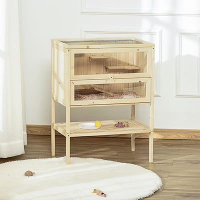 PawHut Wooden Hamster Cage with Storage Shelf, Small Animal Exercise Play House with Openable Top, for Hamsters, Gerbils, 60 x 40 x 80 cm - Natural 