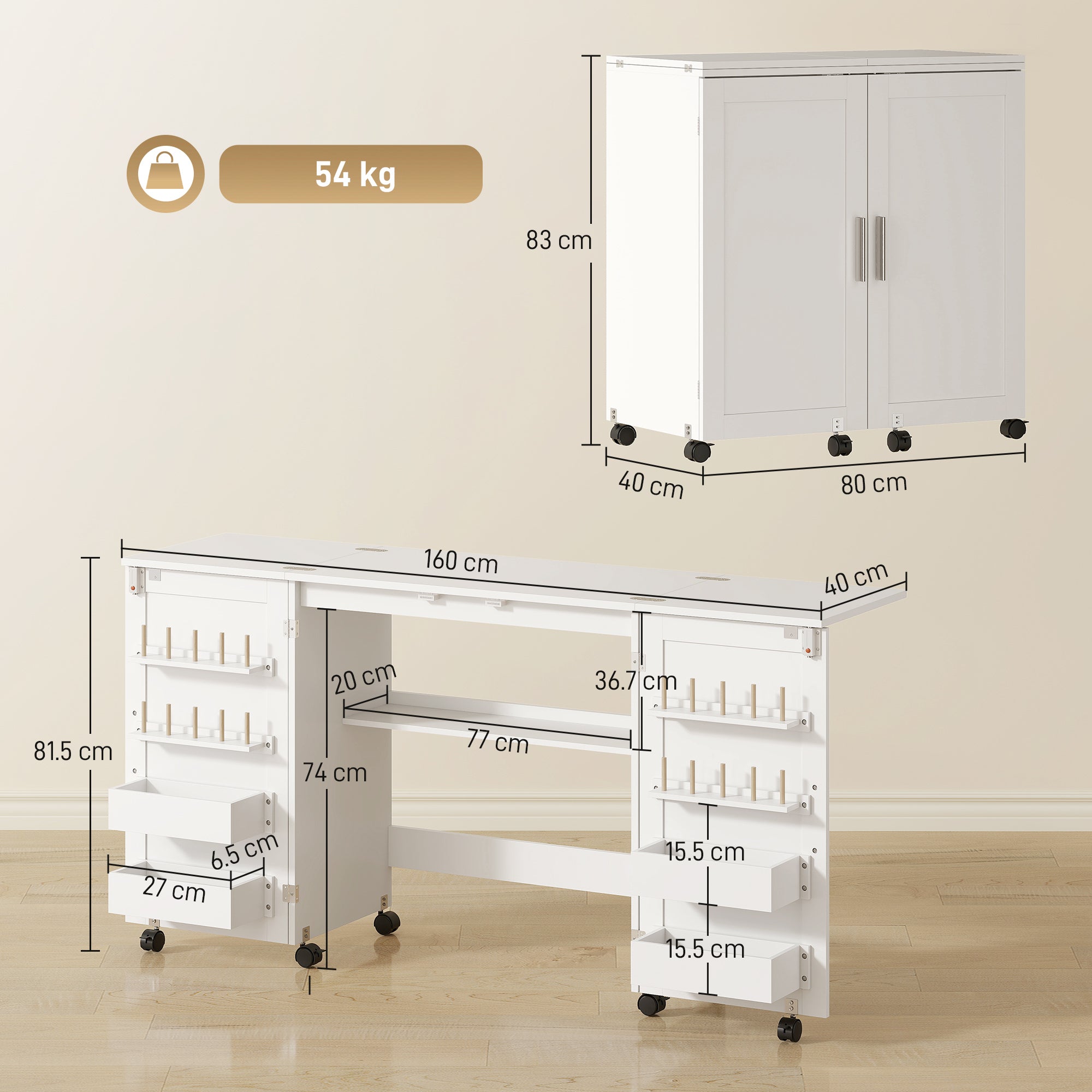HOMCOM Folding Sewing Table with 2 Magnetic Doors, Storage Shelf, Lockable Wheels, Space Saving, White 
