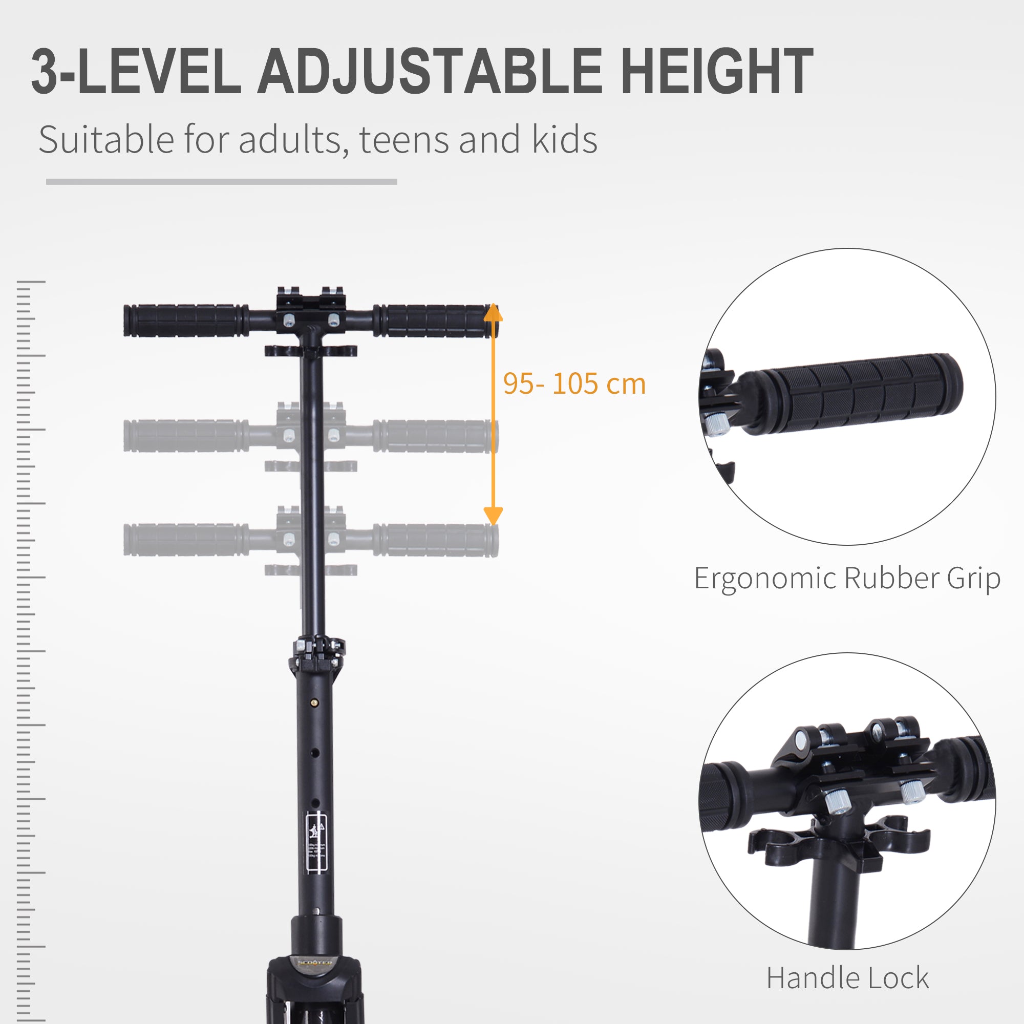 HOMCOM Folding Kick Scooter Hight-Adjustable Urban Scooter w/ Rear Brake, Double Shock Absorption System & 2 Big Wheels, For 14+ Teens Adult, Black 
