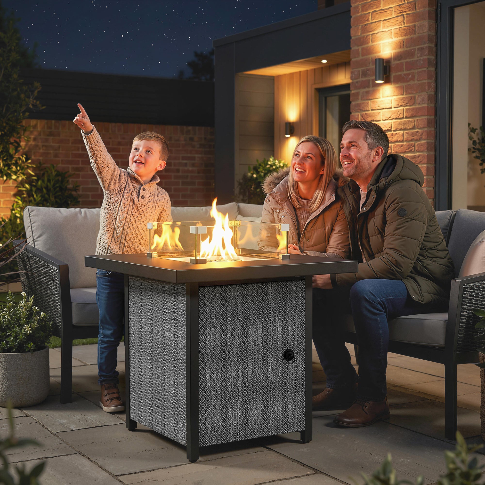 Outsunny Propane Gas Fire Pit Table for Garden, 11.7 KW Smokeless Firepit Outdoor Heater with Wind Guard, Glass Rocks, Lid, Black 