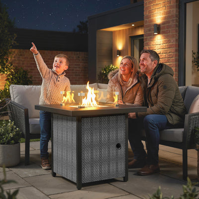 Outsunny Propane Gas Fire Pit Table for Garden, 11.7 KW Smokeless Firepit Outdoor Heater with Wind Guard, Glass Rocks, Lid, Black 