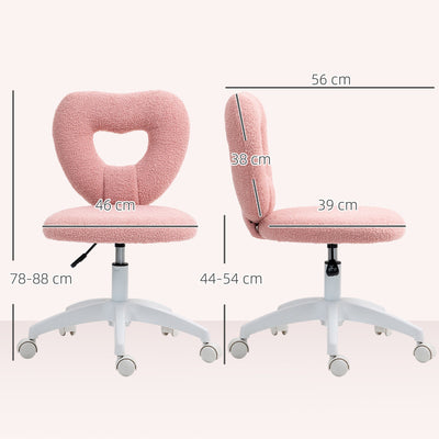 HOMCOM Armless Heart Computer Desk Chair, Teddy Fleece Swivel Office Chair, Makeup Vanity Chair with Height Adjustable, Wheels, for Home Study Bedroom, Pink 