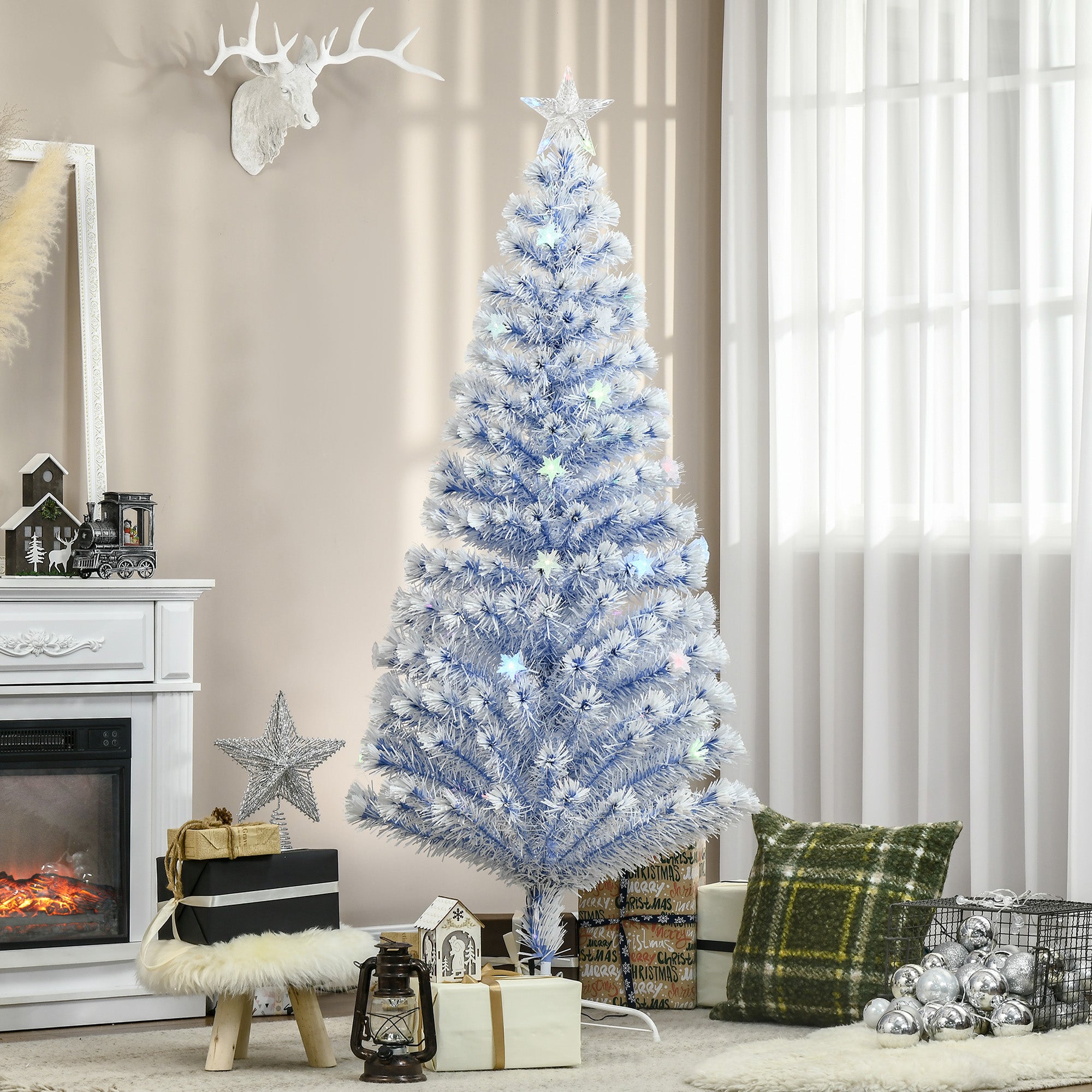 HOMCOM 6FT Artificial Fibre Optic Christmas Tree Seasonal Decoration w/ LED Lights Pre-Lit Easy Store White Blue 