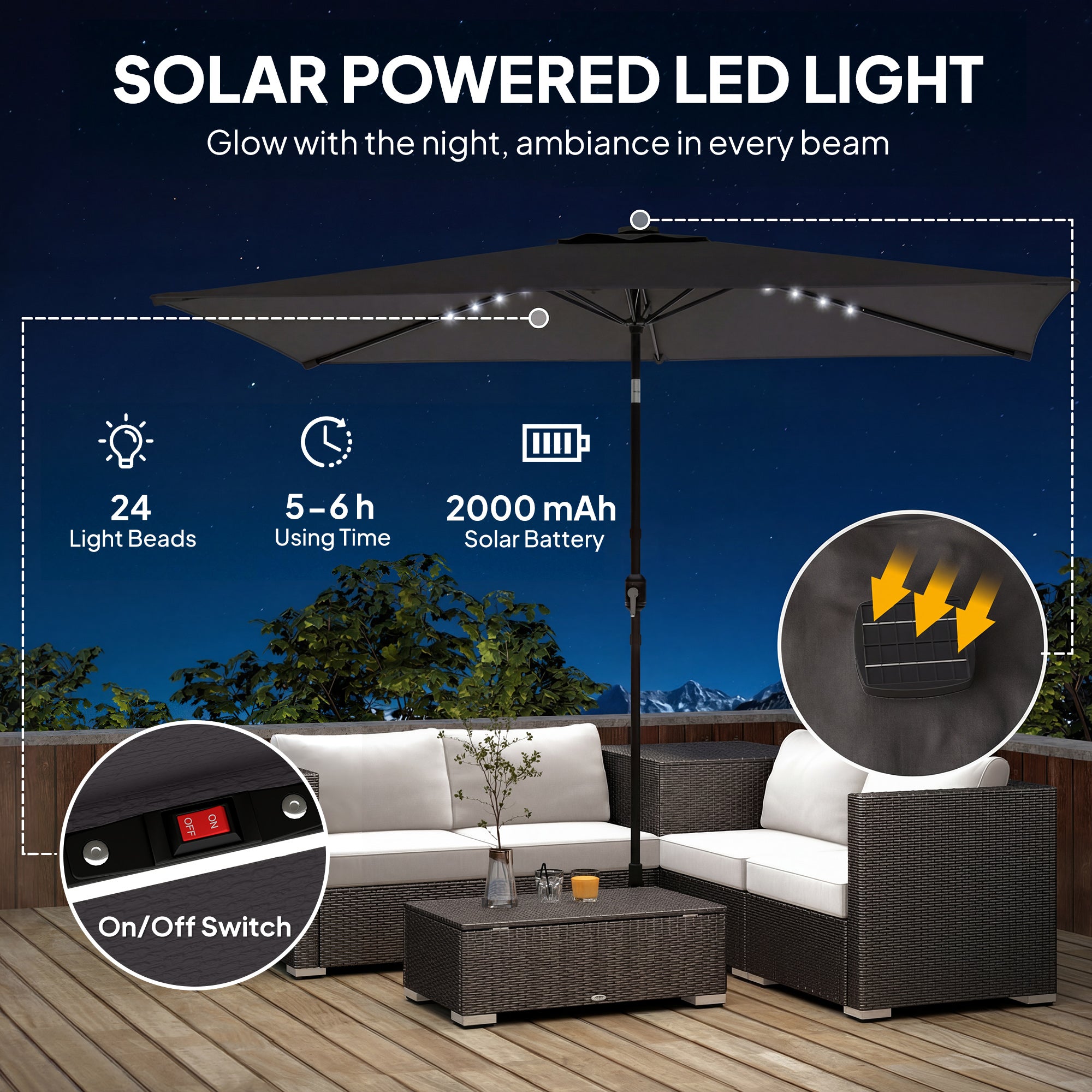 Outsunny 3 x 2 m Garden Parasol Umbrella with LED Solar Light, Parasol Cover, Outdoor Market Patio Umbrella, Black 