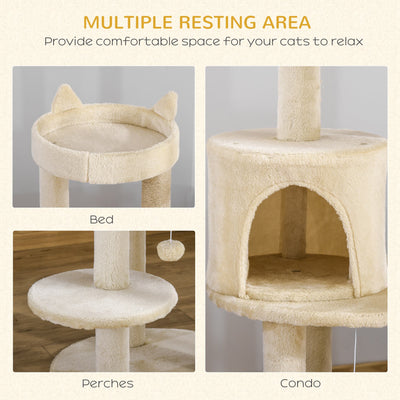 PawHut 104 cm Cat Tree, Cat Condo Tree Tower, Cat Activity Centre with Scratching Posts, Plush Perch, Hanging Ball - Cream White 
