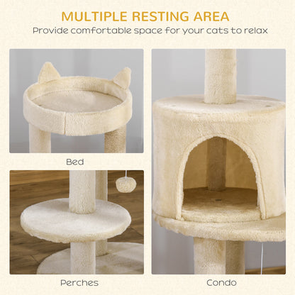 PawHut 104 cm Cat Tree, Cat Condo Tree Tower, Cat Activity Centre with Scratching Posts, Plush Perch, Hanging Ball - Cream White 