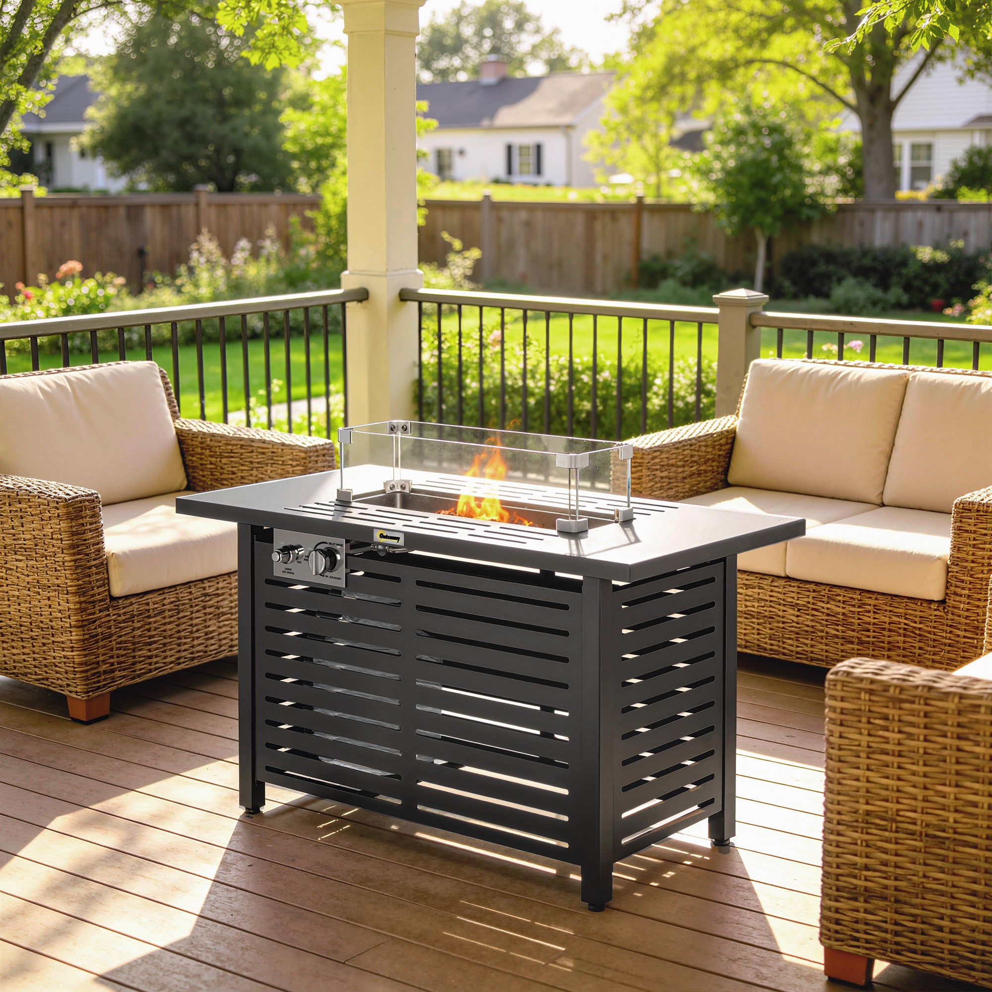 Outsunny Propane Gas Fire Pit Table, Outdoor Firepit with 43" Steel Tabletop and Lid, 50,000 BTU Pulse Ignition Fire Table w/ Stainless Steel Burner, Glass Wind Guard, and Cover 
