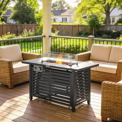Outsunny Propane Gas Fire Pit Table, Outdoor Firepit with 43" Steel Tabletop and Lid, 50,000 BTU Pulse Ignition Fire Table w/ Stainless Steel Burner, Glass Wind Guard, and Cover 