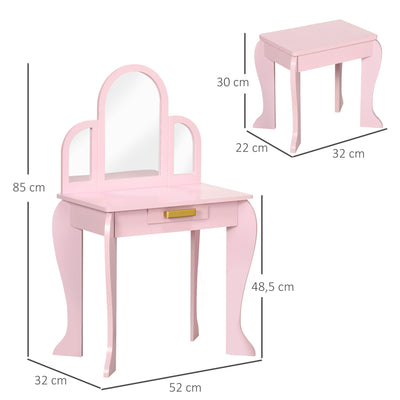 HOMCOM Kids Dressing Table Set, with Mirror and Drawer - Pink 