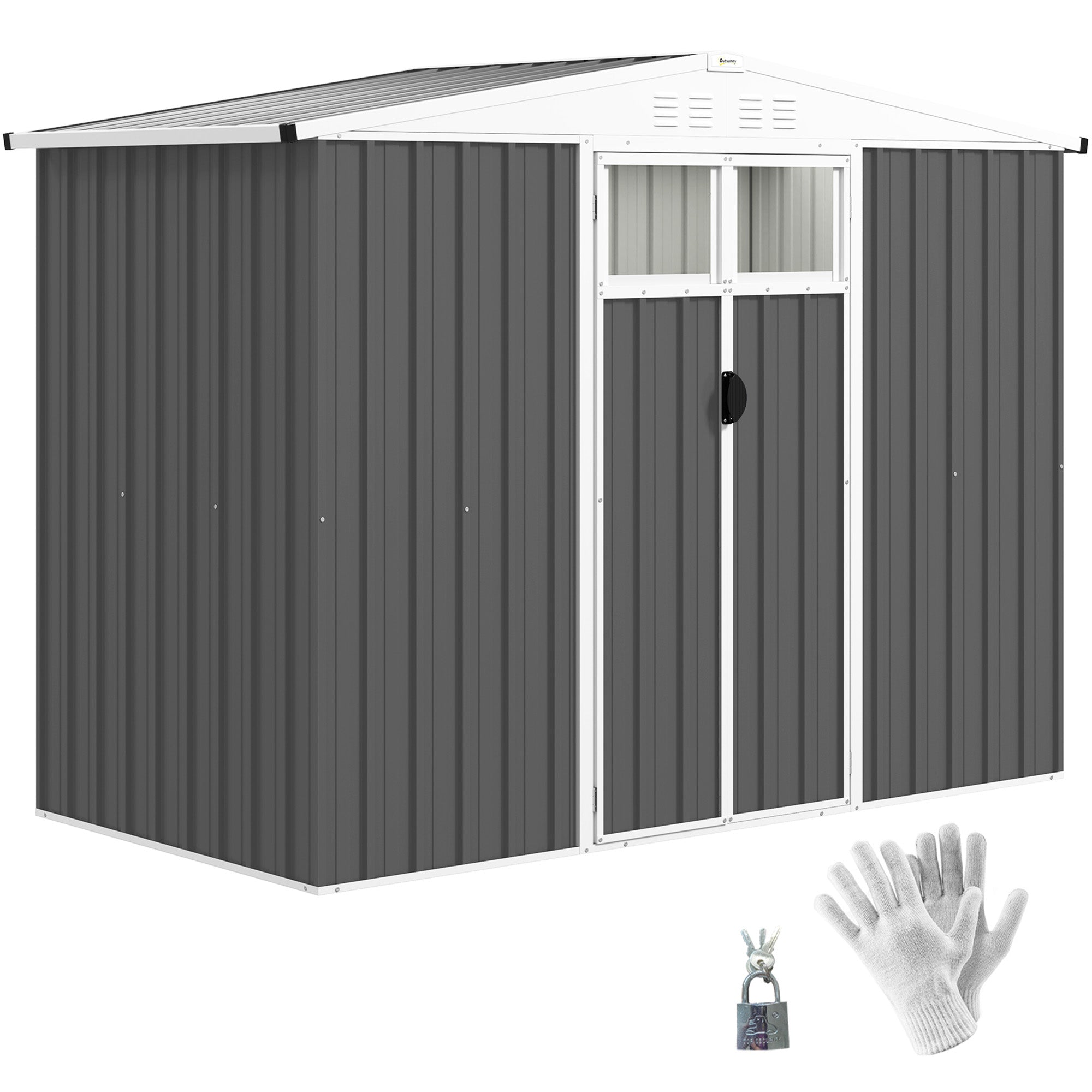 Outsunny 8 x 4 ft Metal Garden Shed, Garden Storage Shed with Window, 4 Vents and Lockable Door, Waterproof Galvanised Steel Tool Storage Shed, Dark Grey 