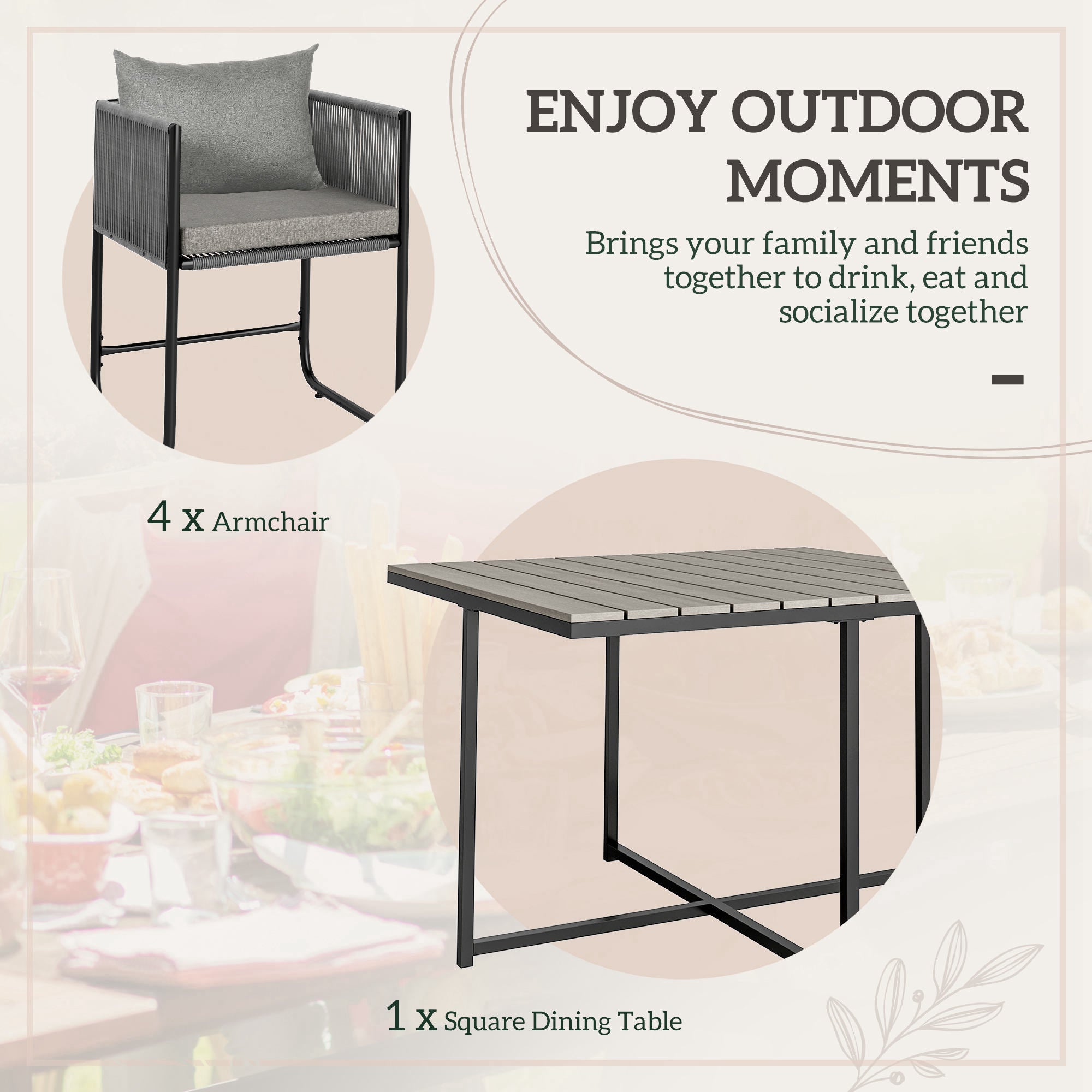 Outsunny 4 Seater Rattan Cube Garden Furniture Set, Rattan Dining Set with Cushions, Outdoor Dining Table and Chairs with Rectangular Wood Grain Plastic Top Table for Patio, Balcony, Grey 
