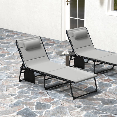 Outsunny Folding Sun Loungers Set of 2, Recliner Garden Chairs with Quick Drying Pad Headrest Side Pocket, Garden Sun Loungers for Beach Pool, Light Grey 