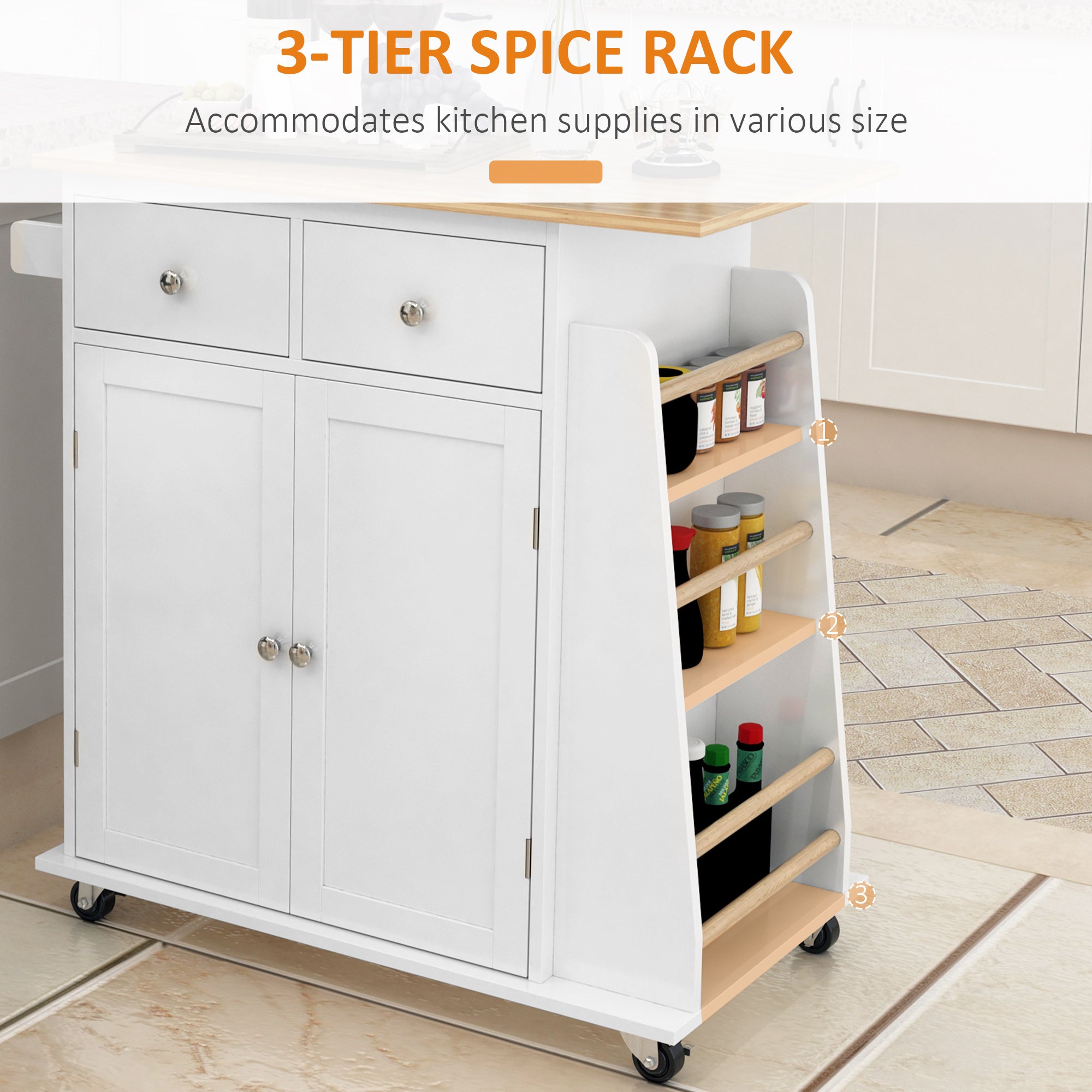 HOMCOM Kitchen Island on Wheels, Mobile Storage Trolley, Rolling Kitchen Cart with Rubber Wood Top, 2-Door Cabinets, 2 Drawers, Adjustable Shelf, 3-Tier Spice Rack, Drawers 