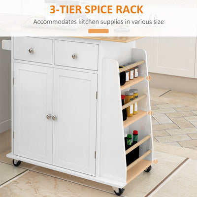 HOMCOM Kitchen Island on Wheels, Mobile Storage Trolley, Rolling Kitchen Cart with Rubber Wood Top, 2-Door Cabinets, 2 Drawers, Adjustable Shelf, 3-Tier Spice Rack, Drawers 