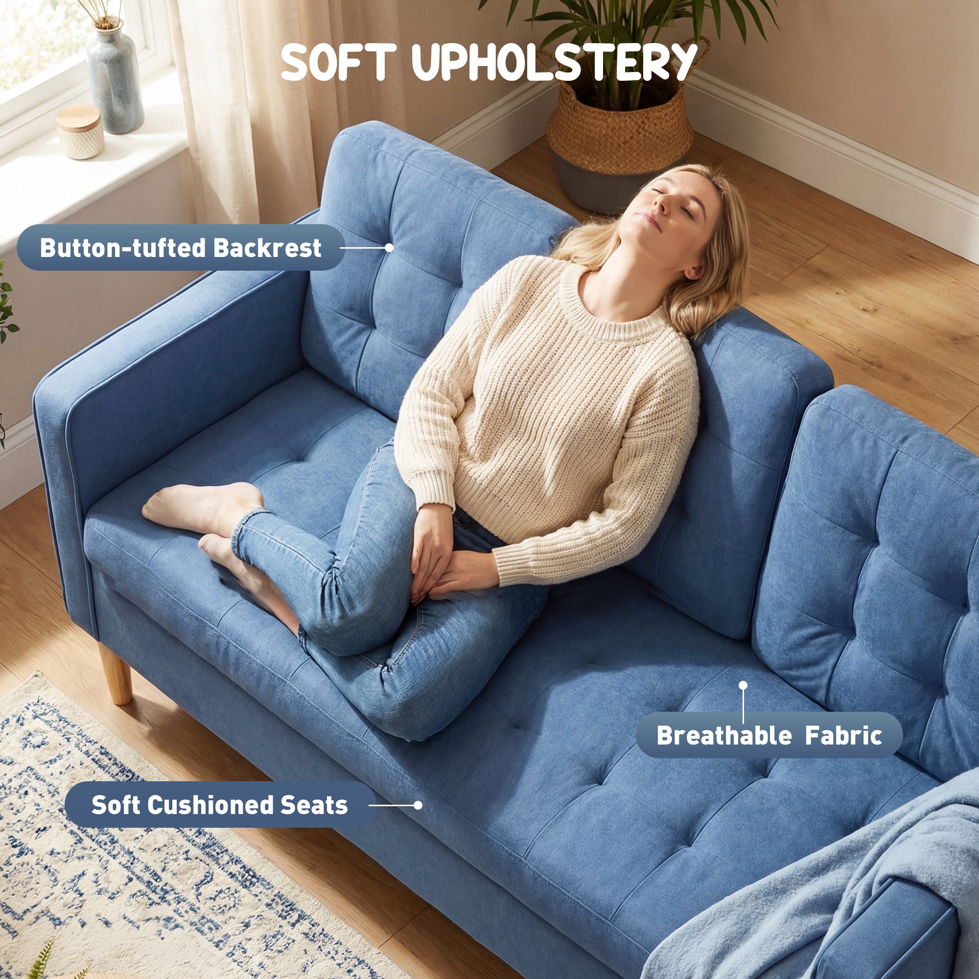 HOMCOM 3 Seater Sofa, 169cm Couch with Hidden Storage, Wood Legs, Blue 