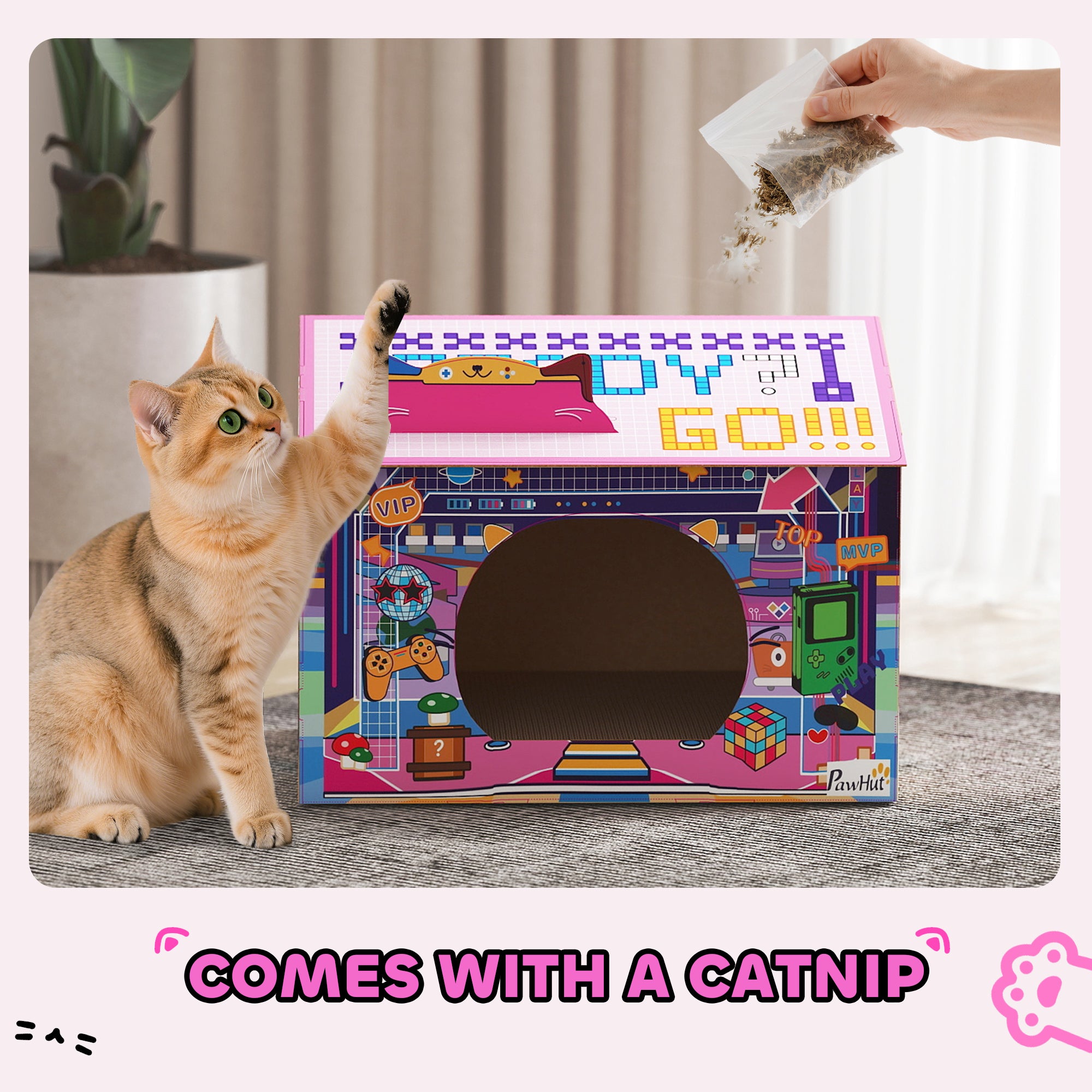 PawHut 2 in 1 Gaming Style Cardboard Cat House with Scratching Board & Catnip for Indoor Cats, Pink 