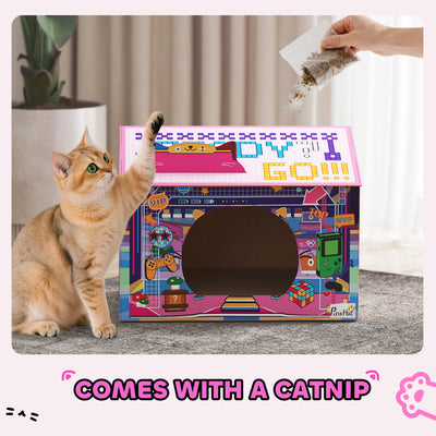 PawHut 2 in 1 Gaming Style Cardboard Cat House with Scratching Board & Catnip for Indoor Cats, Pink 