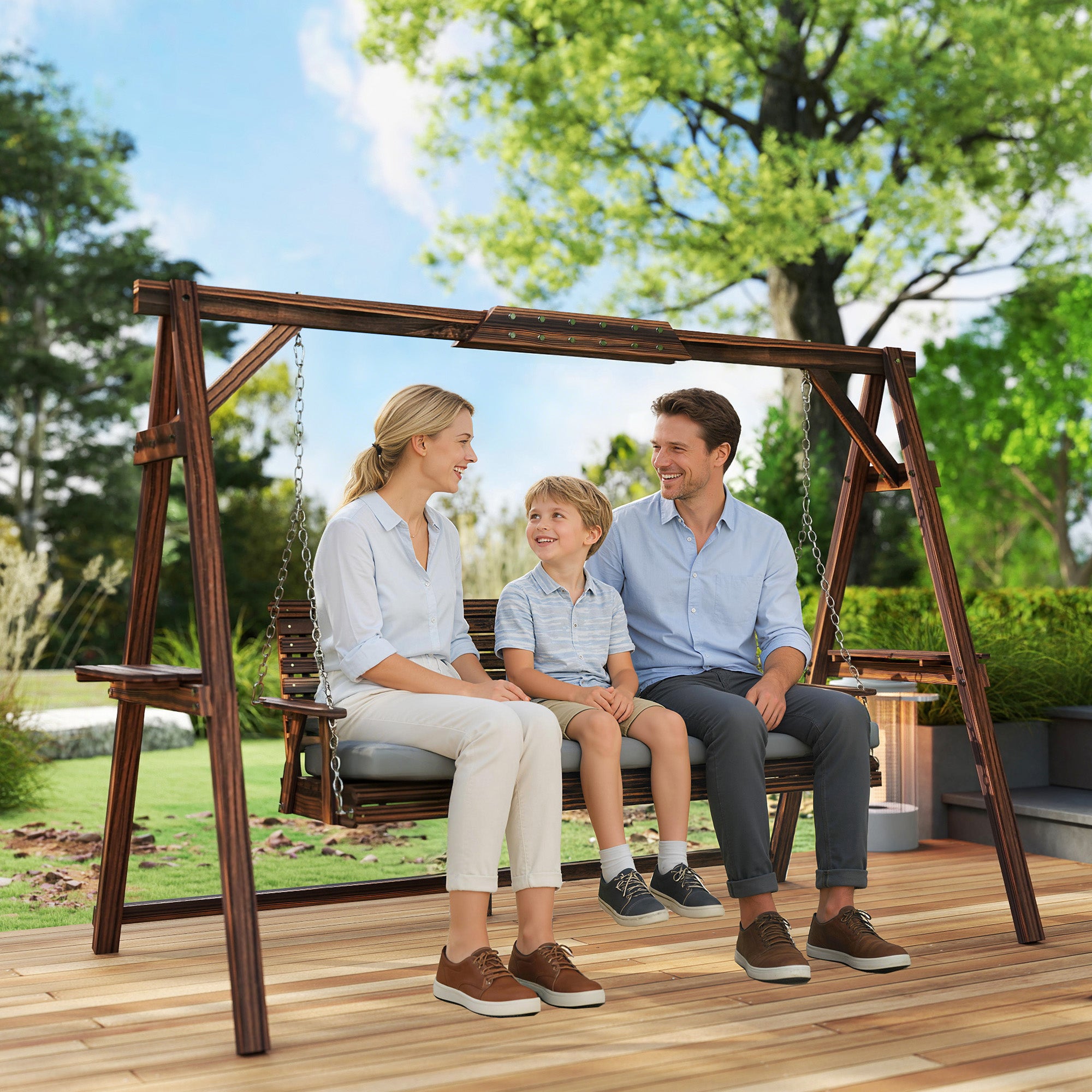 Outsunny 3 Seater Garden Swing Seat, Wooden Swing Chair Bench with Cushion, Side Trays and Metal Chains, for Outdoor Porch Patio, Carbonised Brown 