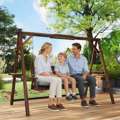 Outsunny 3 Seater Garden Swing Seat, Wooden Swing Chair Bench with Cushion, Side Trays and Metal Chains, for Outdoor Porch Patio, Carbonised Brown 