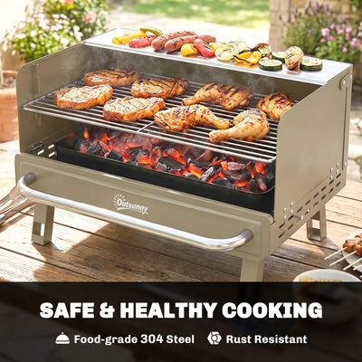 Outsunny Portable BBQ Grill, Charcoal Barbecue Grill with Adjustable Grates, Foldable Legs, Side Shelf for Camping Travel, Khaki 