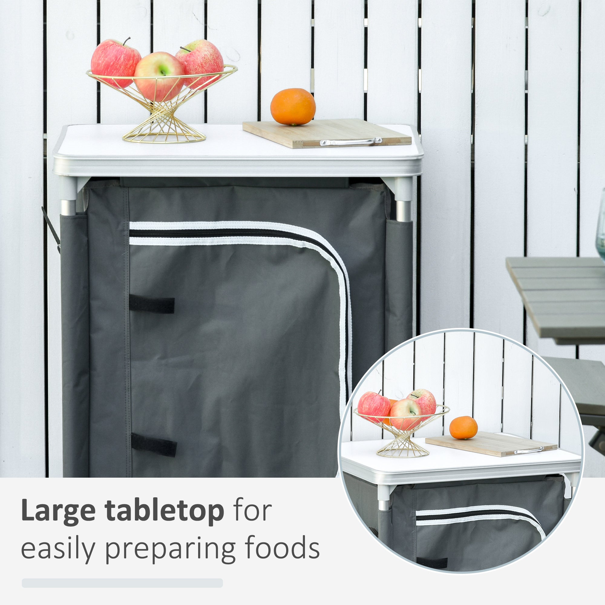 Outsunny 2-Shelf Camping Cupboard Camping Kitchen Station Cook Table Aluminum, Storage Organiser for BBQ Party Picnics Backyards with Carrying Bag 