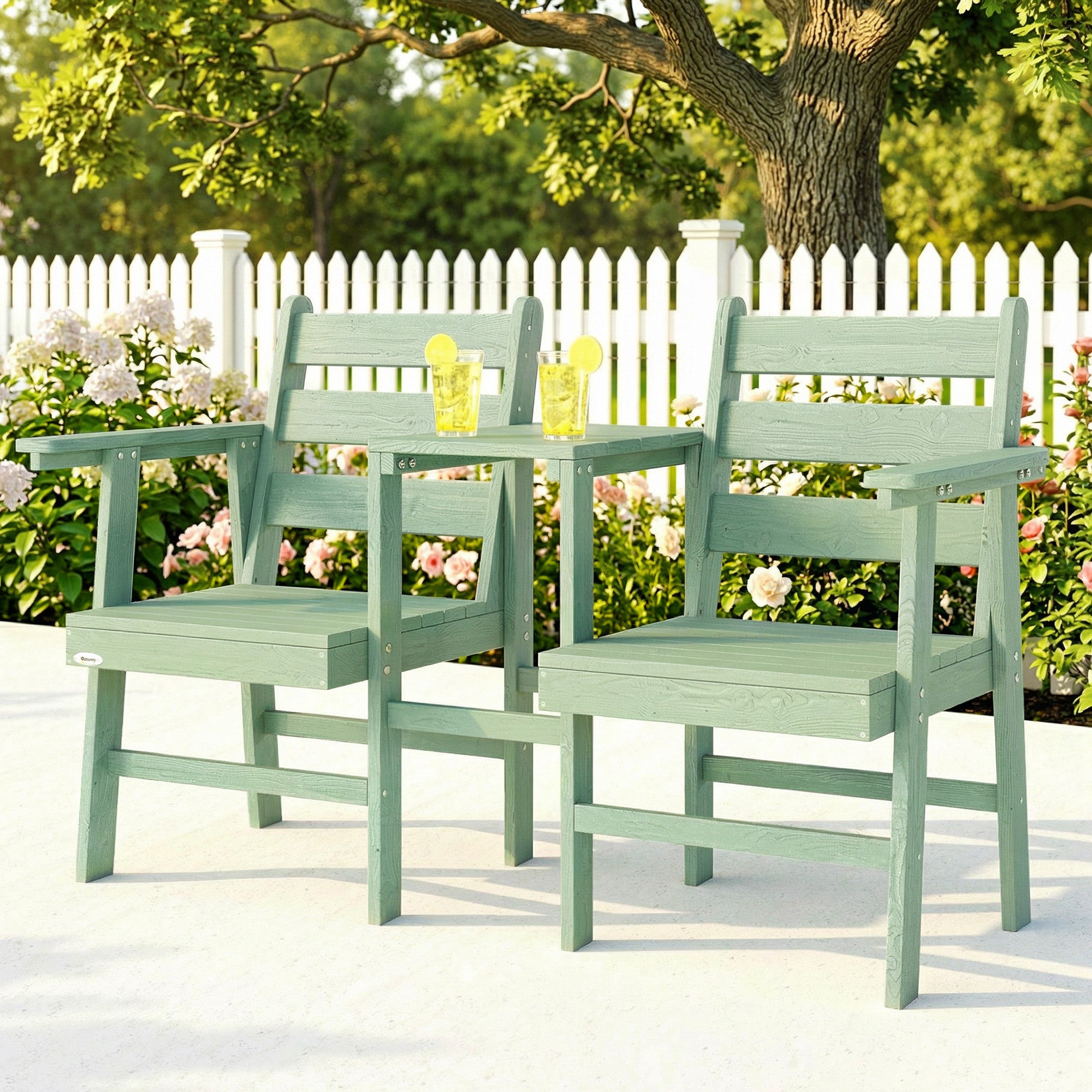 Outsunny Outdoor Garden Loveseat, Embossed Wooden Jack and Jill Garden Seat with Integrated Table, Green 