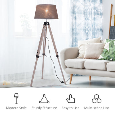 HOMCOM Tripod Floor Lamps for Living Room Bedroom, Modern Adjustable Standing Lamp with Wood Legs, Drum Fabric Shade, 99-143cm, Grey 