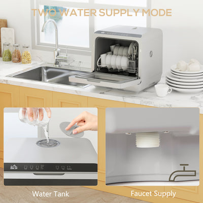 HOMCOM Table Top Dishwasher, Mini Countertop Dishwasher with Built-in 6L Water Tank, 6 Programs, Touch Control, LED Display, 4 Place Settings, Dual Water Supply and Fruit Wash Mode, Silver Tone 