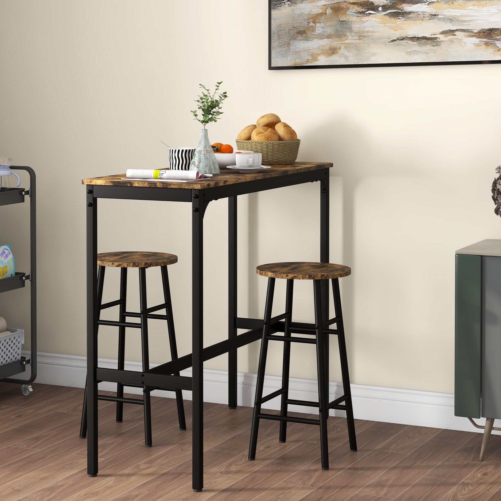 HOMCOM 3 Piece Bar Table Set with 2 Stools, Industrial Bar Table and Stool Set, Dining Table and Chair Set, Rustic Brown 