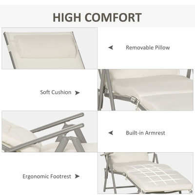 Outsunny Sun Lounger Steel Frame Outdoor Folding Chaise Texteline Lounge Chair Recliner with Headrest & 7 Levels Adjustable Backrest, Cream White 