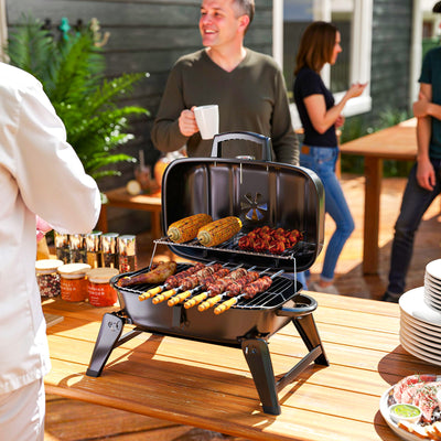 Outsunny Charcoal Barbecue Grill Folding BBQ Grill with 1232 cm² Cooking Area, Adjustable Vent, Thermometer, Handles for Camping Picnic, Black 