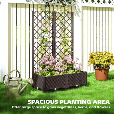 Outsunny Raised Garden Bed with Trellis, Plastic Planter Box with Drainage Holes and Drain Plugs for Climbing Plants, Vegetables, Flowers, Brown 