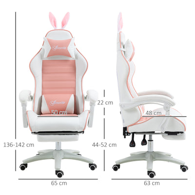 Vinsetto Racing Gaming Chair, Reclining PU Leather Computer Chair with Removable Rabbit Ears, Footrest, Headrest and Lumber Support, Pink 